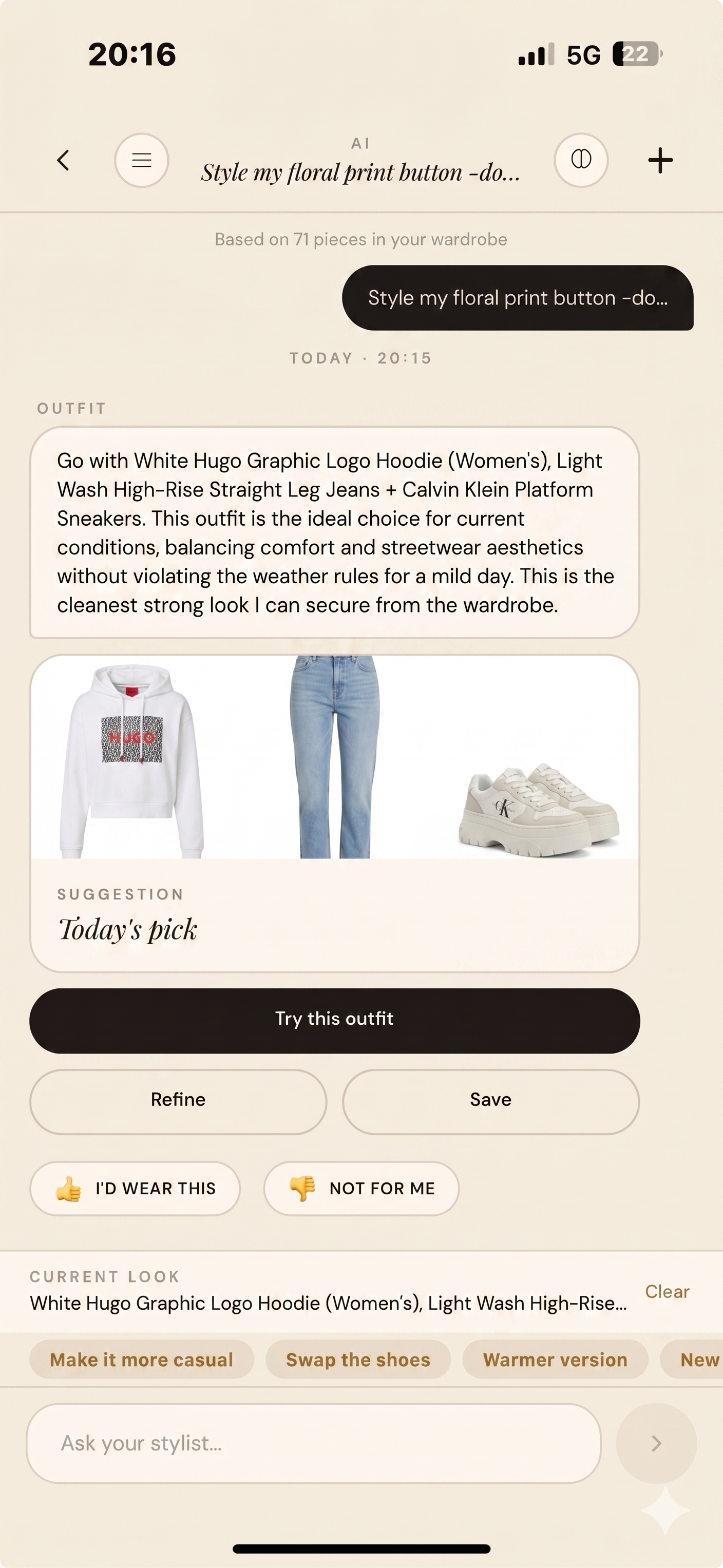 BURS AI stylist chat showing outfit refinements