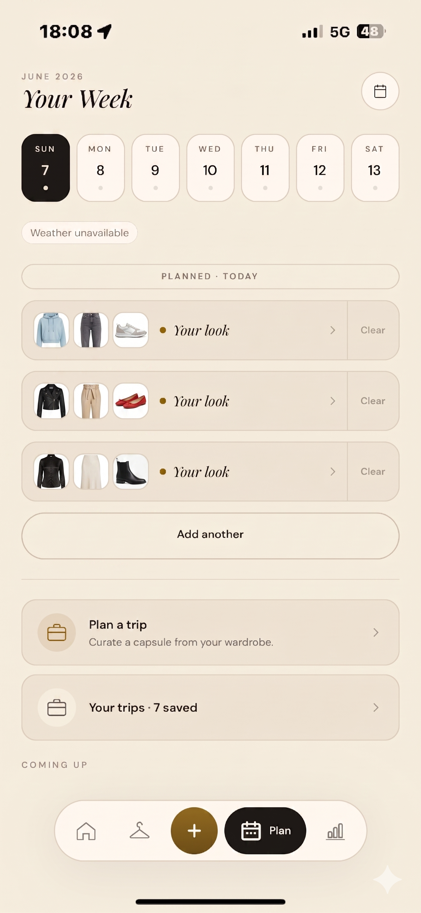 BURS week planner showing outfits for Monday through Sunday